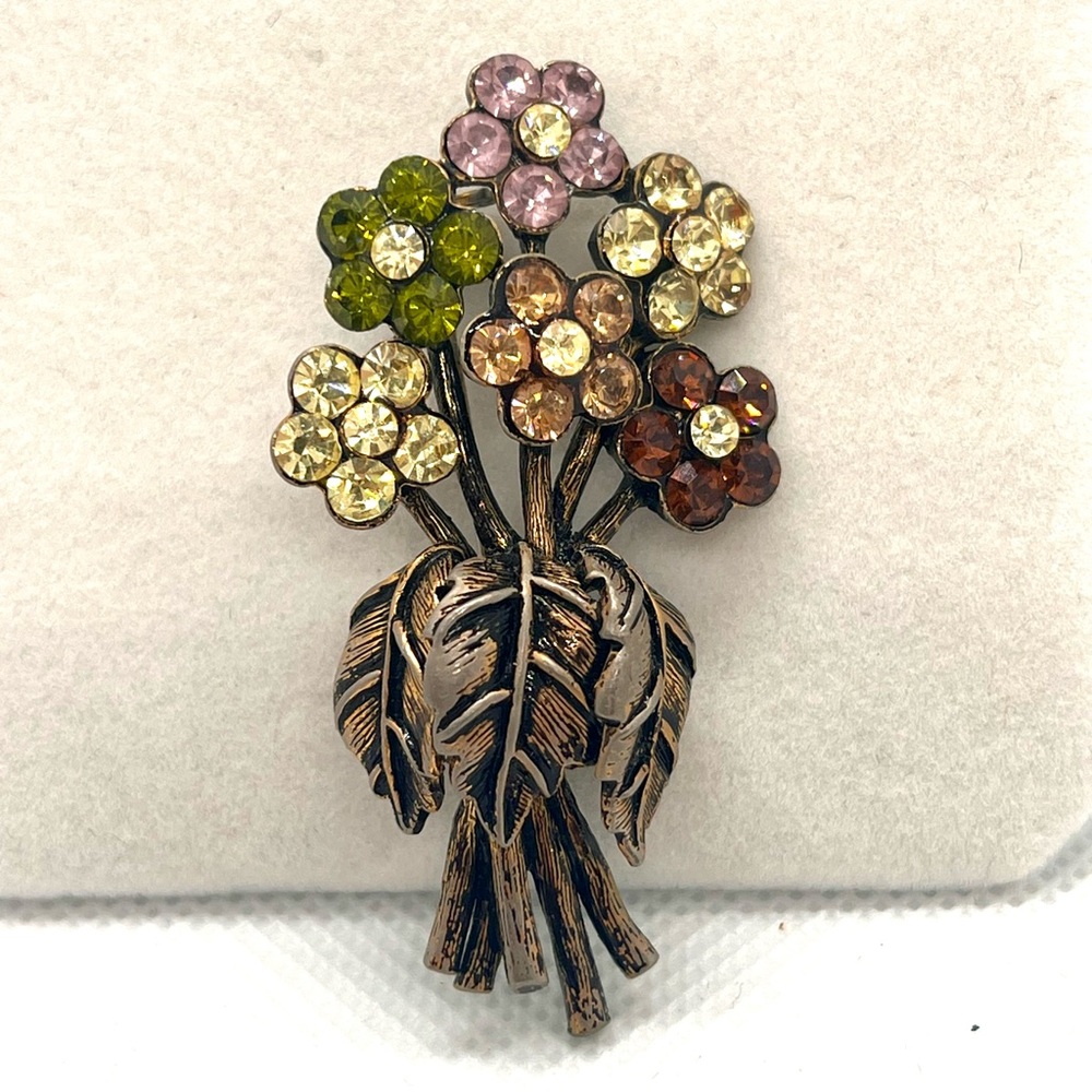 Vintage Rhinestones‎ Brooch Pin Signed Multicolor Floral Bouquet